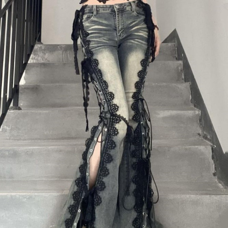Vintage Lace Strap Women's High Slit Jeans