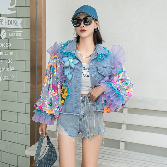Denim Sheer Floral Sequined Embroidered 3D Women's Streetwear Hip-Hop Jean Jacket