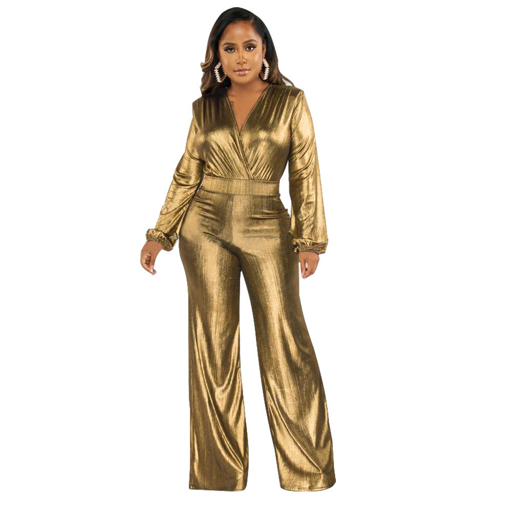 Faux Leather Shiny Ruched Metallic V-Neck Long Lantern Sleeve Women's Formal Jumpsuit