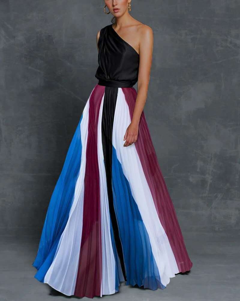 Asymmetrical Pleated One Shoulder Sleeveless Colorblock Striped/Floral Print Sleeveless Flared Maxi  Dress to 3X Plus Size