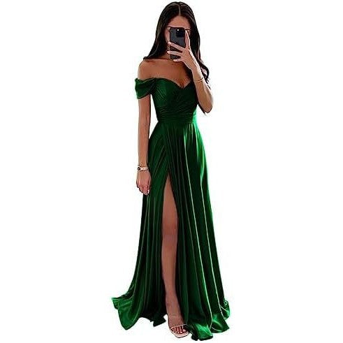 Off-the-Shoulder Corset Design Cinched Waist Solid Color Temperament Bridesmaid/Party Formal Maxi Dress