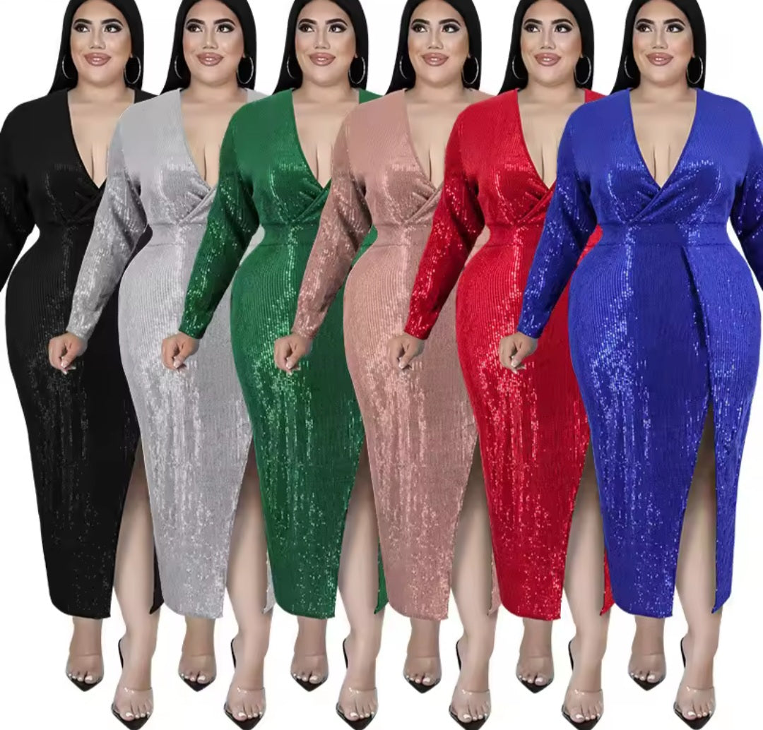 Sparkling Sequin V-Neck Bodycon Formal Evening Midi Dress to 5X Plus Size
