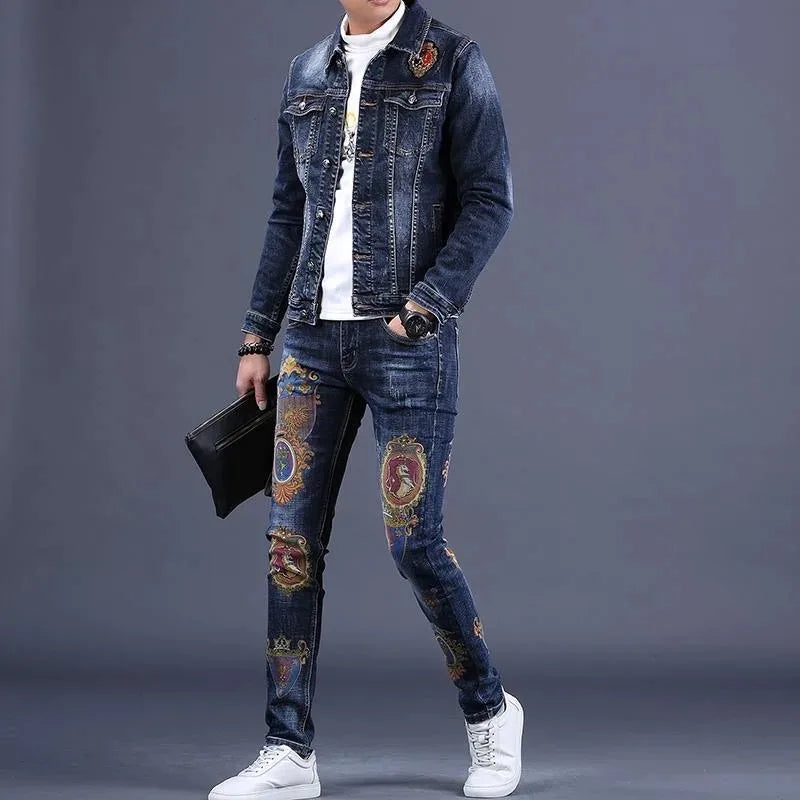 Designer Men's Denim Baroque Print Embroidered Hip-Hop Streetwear Jean Jacket+ Jeans 2-Piece Set