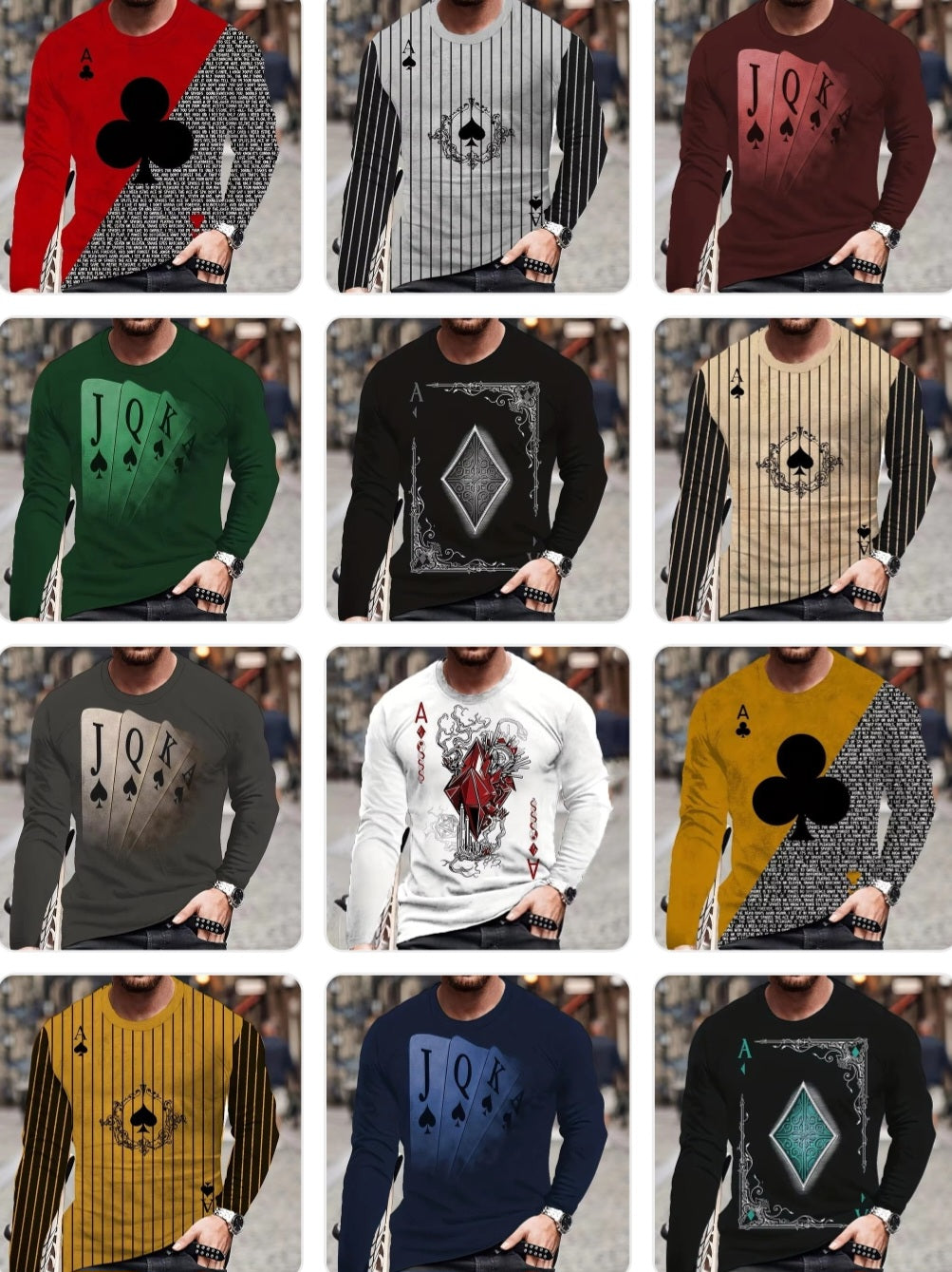 Men's Hip-Hop 3D Striped/Solid Playing Card Letter Digital Print Long Sleeve T-Shirt
