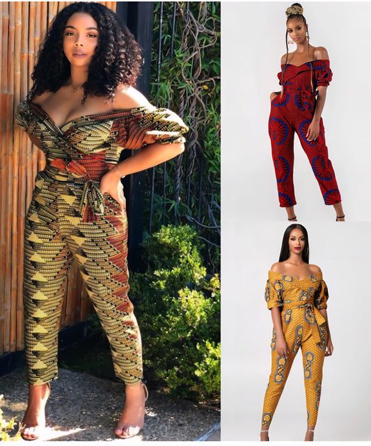 Off-the-Shoulder African Print Deep V-Neck Puff Sleeve One-Piece Jumpsuit