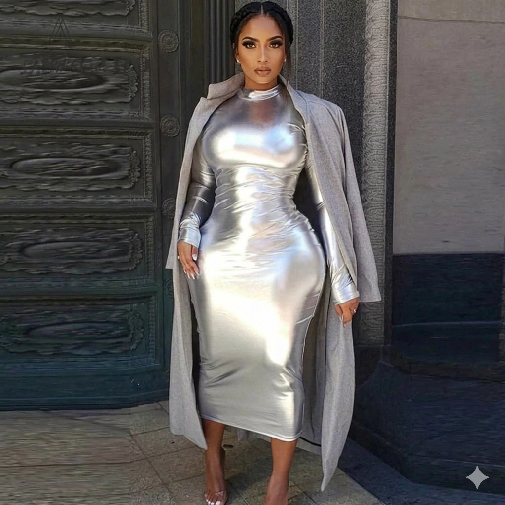 Metallic Faux Leather Turtleneck Gold/Silver Zipper Reflective Glossy Long Sleeve Bodycon Maxi Dress
