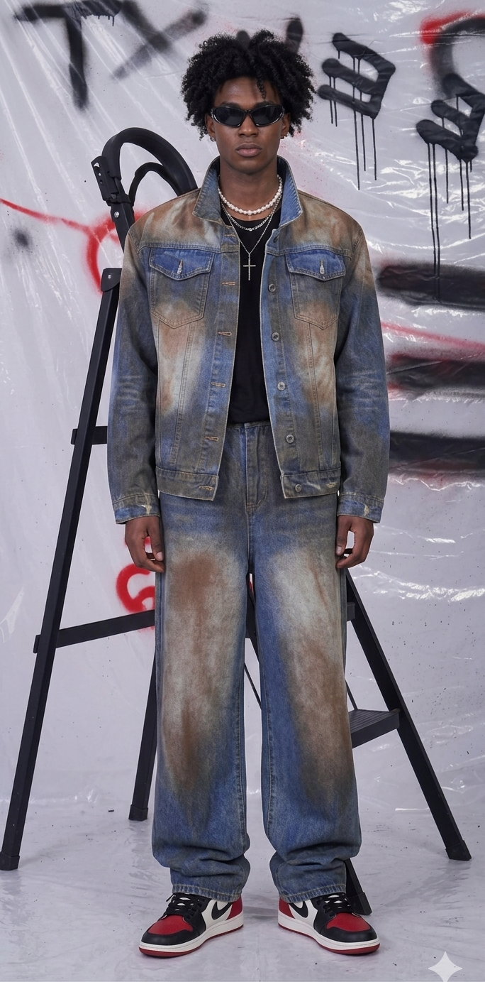 Men's Denim Faded Colorblock Distressed Denim Jean Jacket + Matching Jeans 2-Piece Set