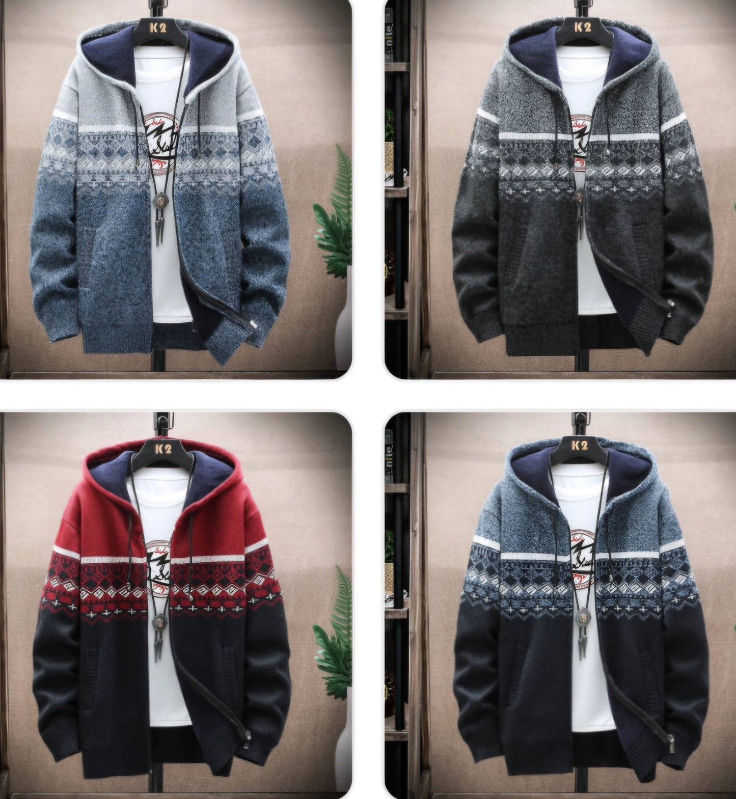 Men's Plaid Wool Zipper Cardigan Hoodie Sweater Jacket