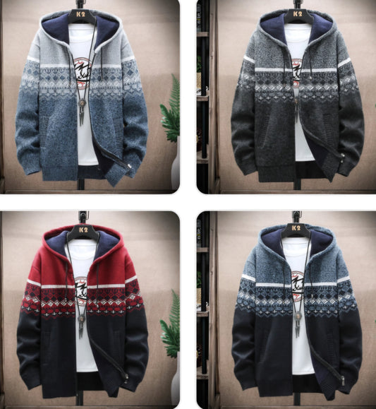 Men's Plaid Wool Zipper Cardigan Hoodie Sweater Jacket