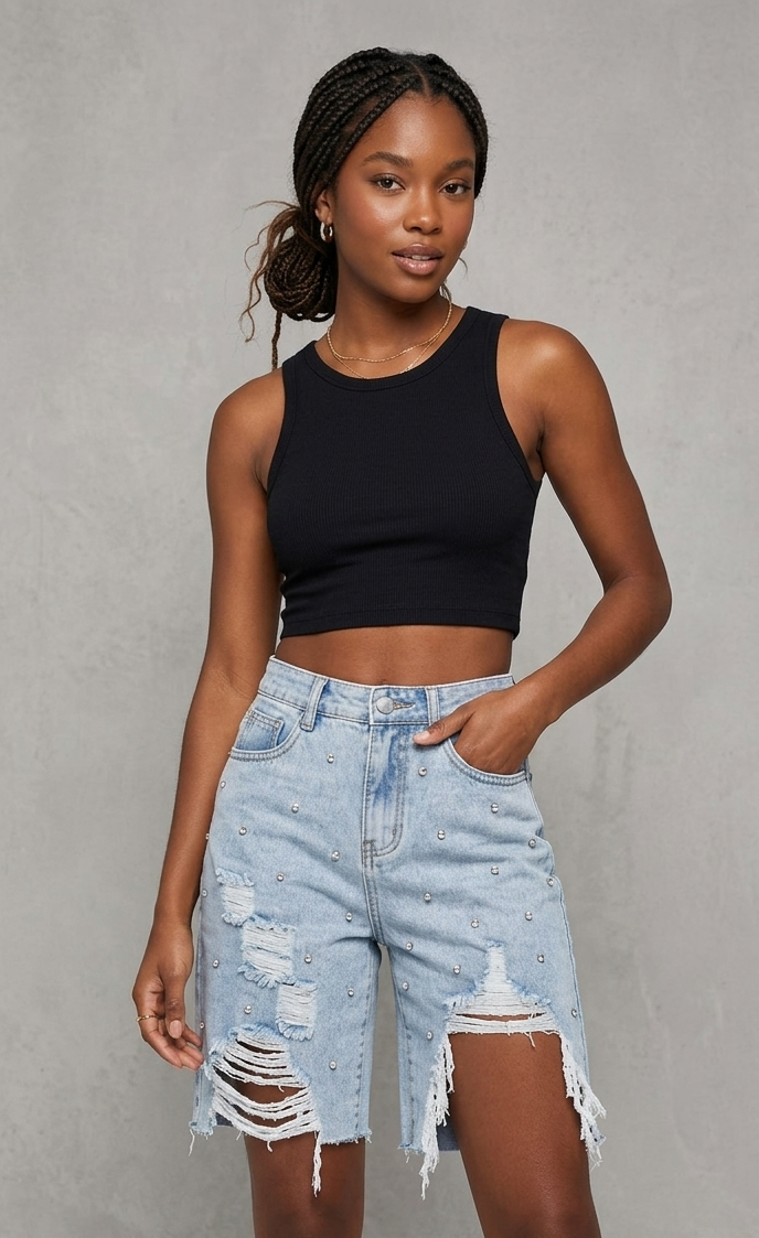 Denim Ripped Faded Diamond Embellished Women's Jean Bermuda Shorts to 3X Plus Size