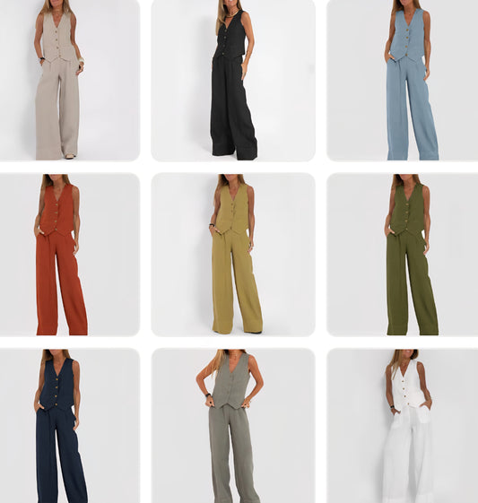 Sleeveless Solid Color V-Neck Button-Up Suit Vest + Loose Pants Women's 2-Piece Suit to 4X Plus Size