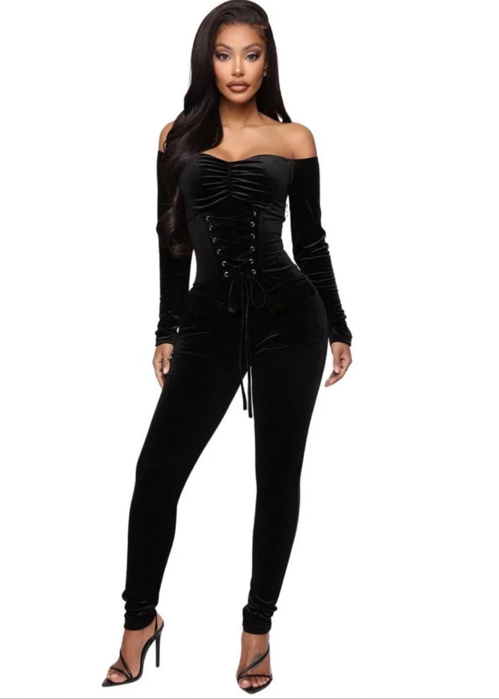 Velvet Slash Neck Pleated Bodycon Long Sleeve Drawstring Jumpsuit