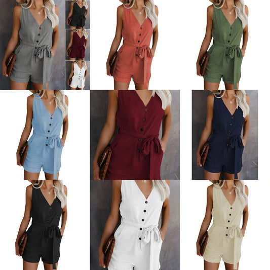 Sleeveless Button-Up Women's V-Neck Solid Color Monochromatic Sash Belt Romper