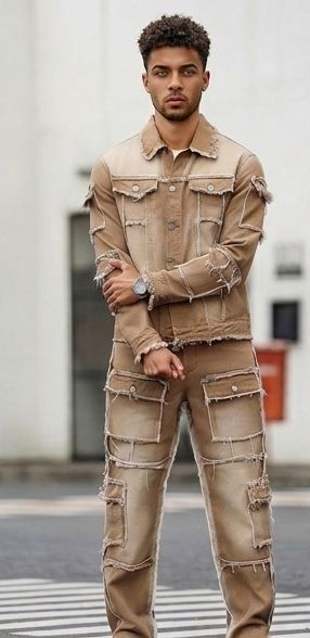 Men's Hip-Hop Denim Khaki Deconstructed Gradient Colorblock Distressed Patchwork Washed Frayed Jean Jacket & Ripped Deconstructed Raw Edge Cargo Multi-Pocketed Wide Leg Streetwear Jeans 2-Piece Set