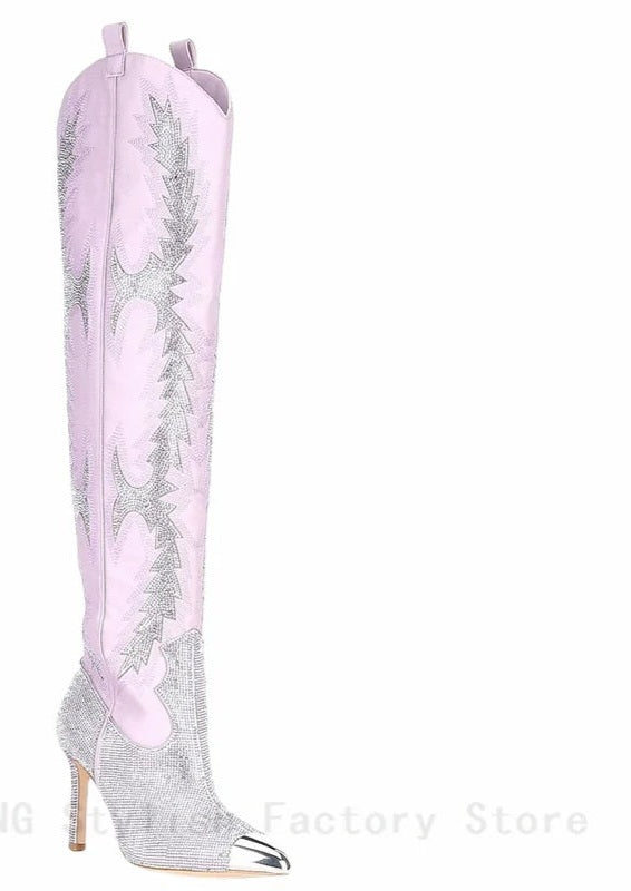 Western Embroidered Rhinestone Embellished Over-the-Knee Pointed Toe Thigh High Boots