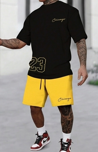 Men's Sportswear "#26 Chicago" Letter Print Short Sleeve T-Shirt+ Drawstring Basketball Shorts Fitness 2-Piece Set