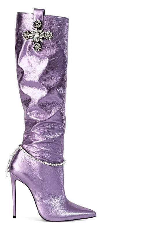 Solid Crystal Rhinestone Cross Pendant Pointed Toe High Heel Boots