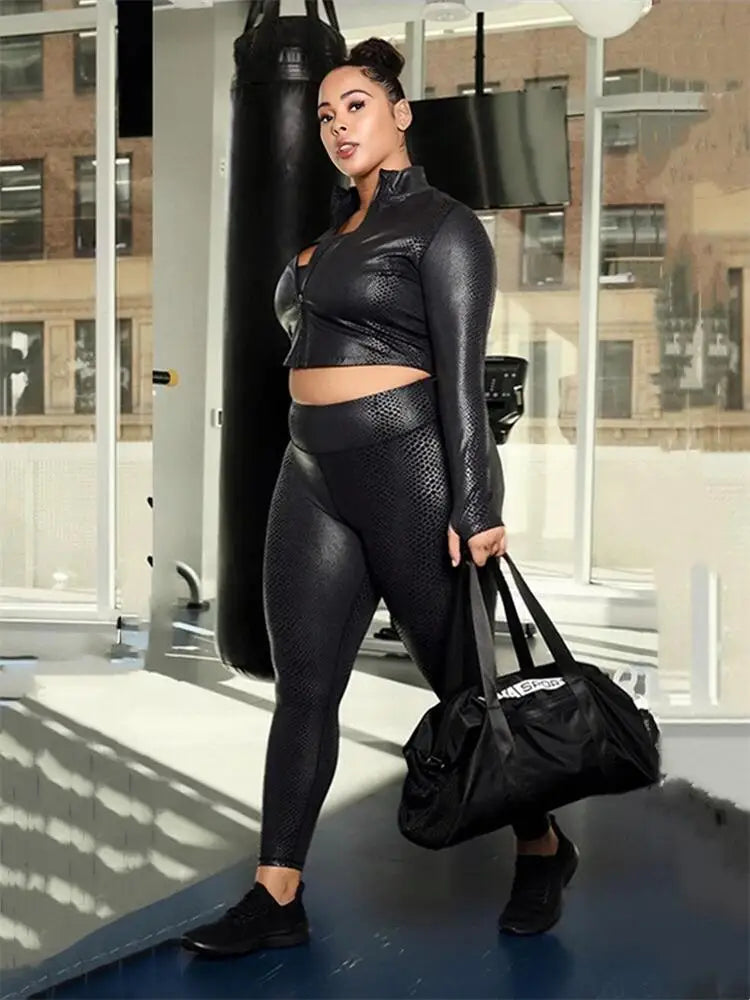 Black Faux Leather Women's Long Sleeve Crop Zipper Jacket + Stretch Leggings Tracksuit to 5X Plus Size