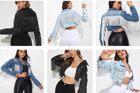Women's Fringe Jacket Tassel Cropped Denim Jacket Raw Hem Ripped Crop Jean Jackets