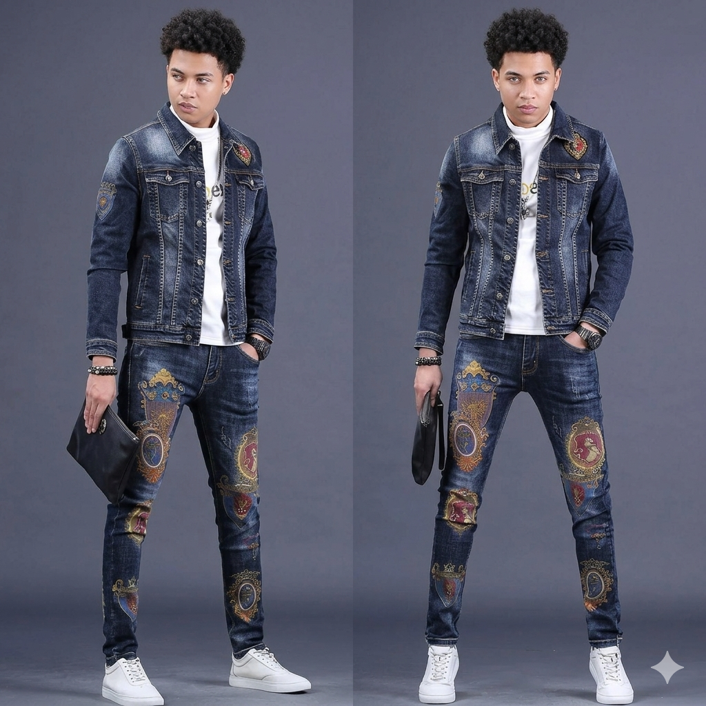 Designer Men's Denim Baroque Print Embroidered Hip-Hop Streetwear Jean Jacket+ Jeans 2-Piece Set