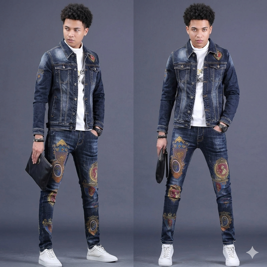 Designer Men's Denim Baroque Print Embroidered Hip-Hop Streetwear Jean Jacket+ Jeans 2-Piece Set