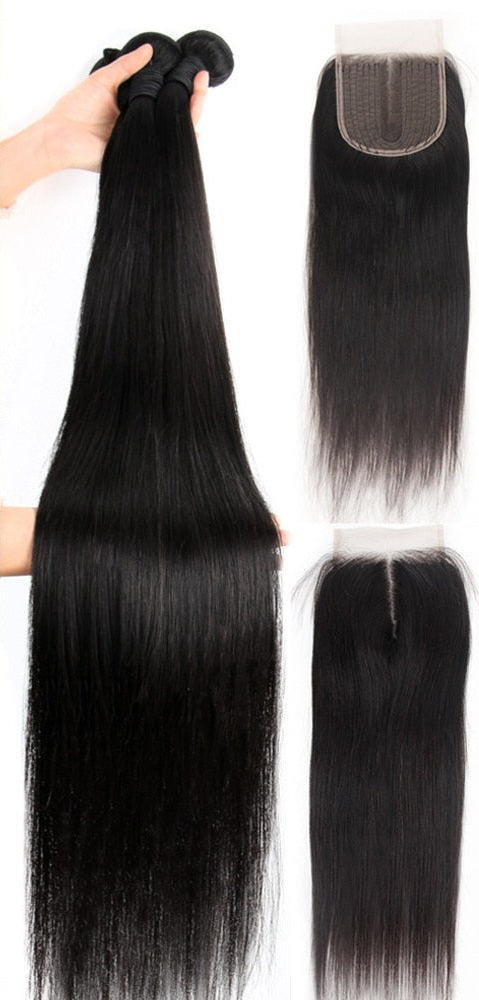 Brazilian Straight 8A w/ Lace Closure Remy 100% Human Hair Bundles w/ 5x5 Lacefront Middle Part Closure