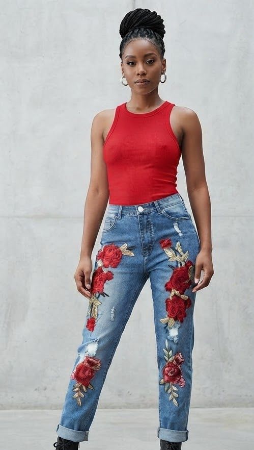 Red Rose Flower Print Women's Faded Blue Jeans to 3X Plus Size