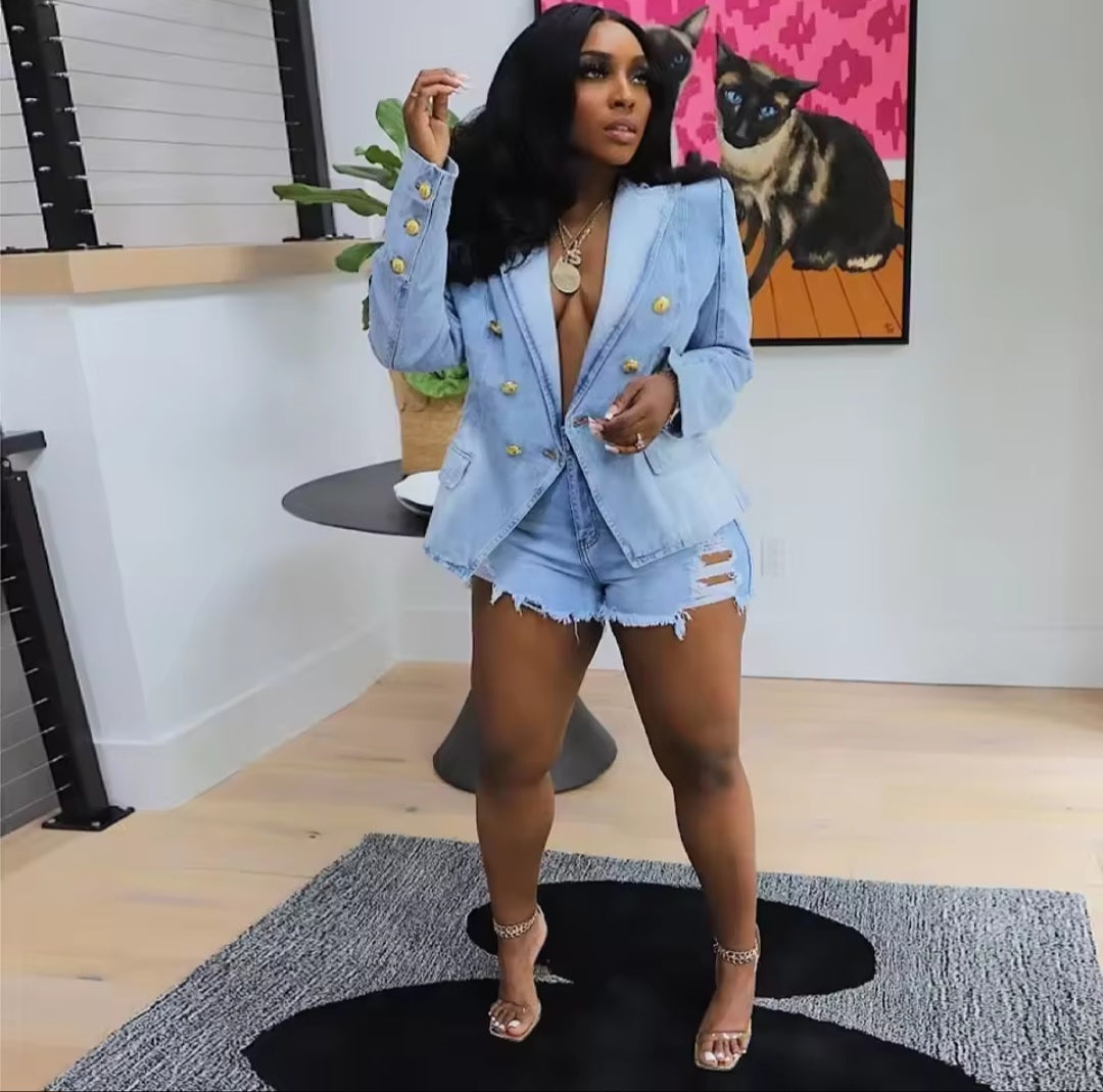 Denim Black/Light Blue/Dark Blue Notched Collar Gold Button Design Long Sleeve Double Breasted Women's Streetwear Jean Blazer Jacket