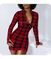 Geometric/Plaid/Baroque/Houndstooth Long Sleeve Bodycon Deep V-Neck Mini Dress