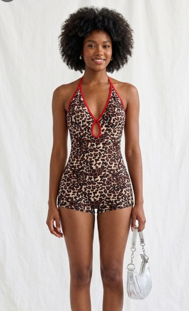 Sleeveless Leopard Print Bowknot Hollow-Out Design Women's V-Neck One-Piece Shorts Romper