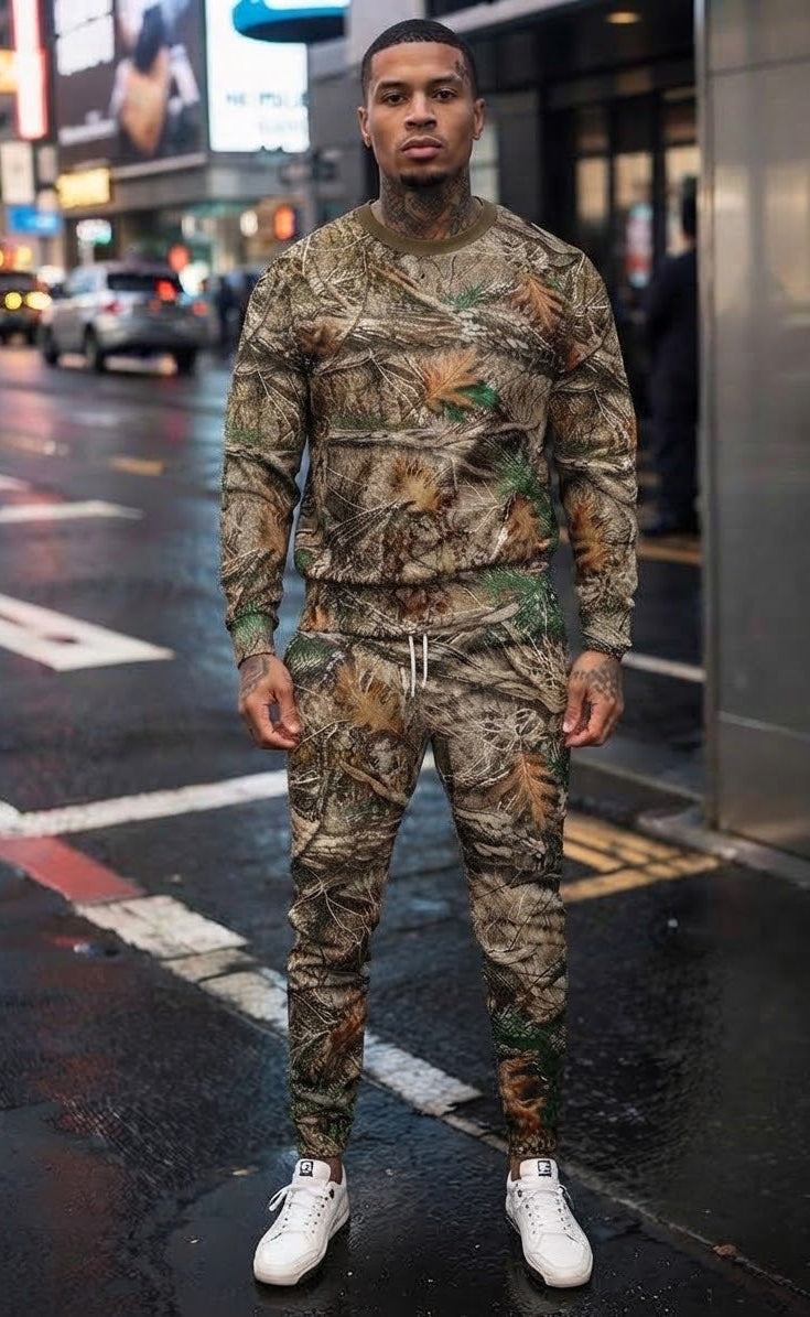 Men's Camo Geometric Fall Leaf Print O-Neck Long Sleeve Sweatshirt + Skinny Jogger Sweatpants Tracksuit to 6X Big & Tall