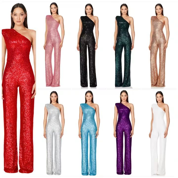 Sequin Sleeveless Sparkling Glitter Asymmetrical One Shoulder Women's Jumpsuit