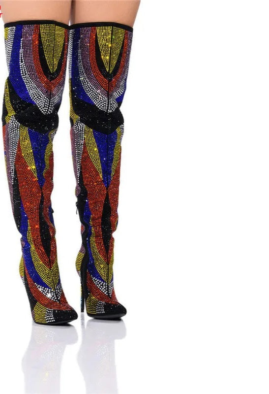 Rainbow Rhinestone Embellished Diamond Crystal High Heel Women's Pointed Toe        Over-The-Knee Boots