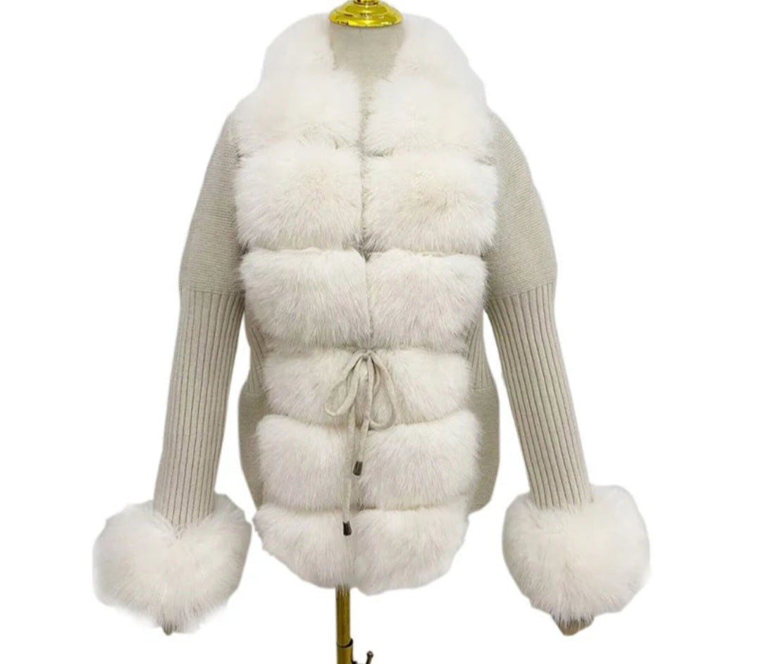 Faux Fur Ladies Knitted Detachable Collar Cardigan Sweater Jacket