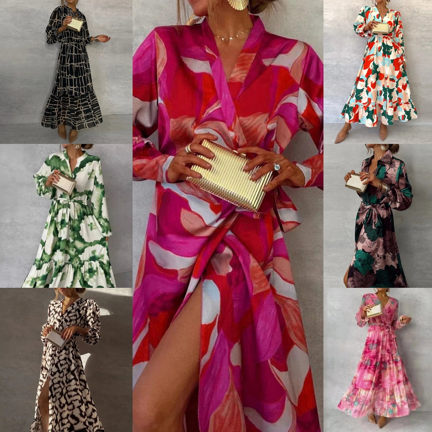 Ruffled Floral Print Puff Long Sleeve Turn-Down Collar Maxi Dress