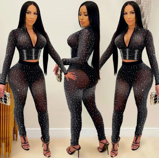 Crystal Mesh Sheer Rhinestone Studded Long Sleeve Crop Top & Transparent Glitter Leggings 2-Piece Set