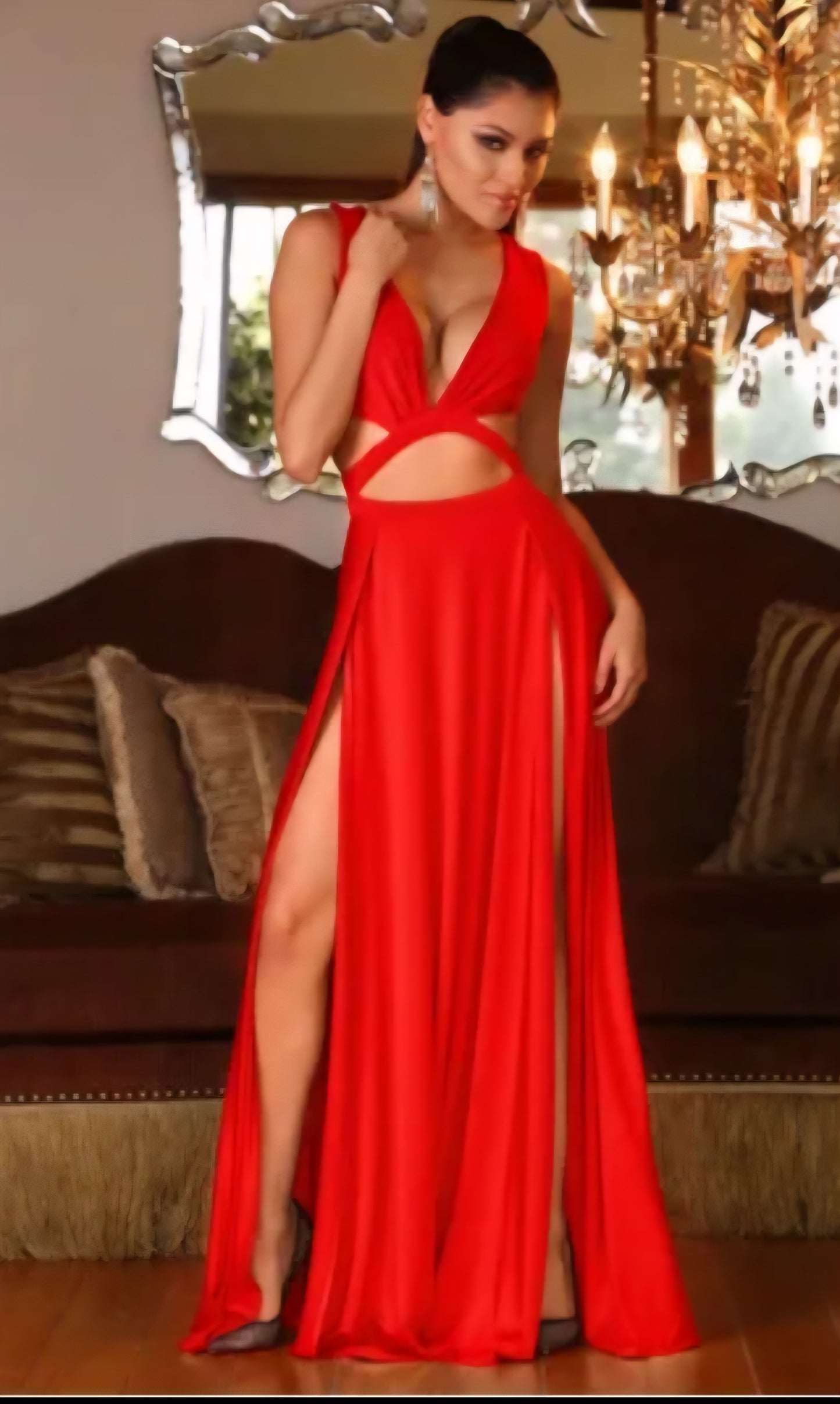 Double High Side Slit Cami Design Sleeveless Hollow-Out Deep V-Neck Solid Color Maxi Dress