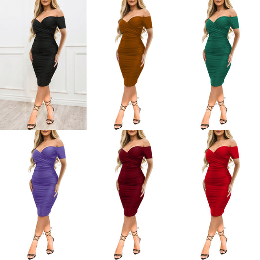 Off-the-Shoulder V-Neck Solid Color Shoulder Ruched Midi Bodycon Club Party Dress