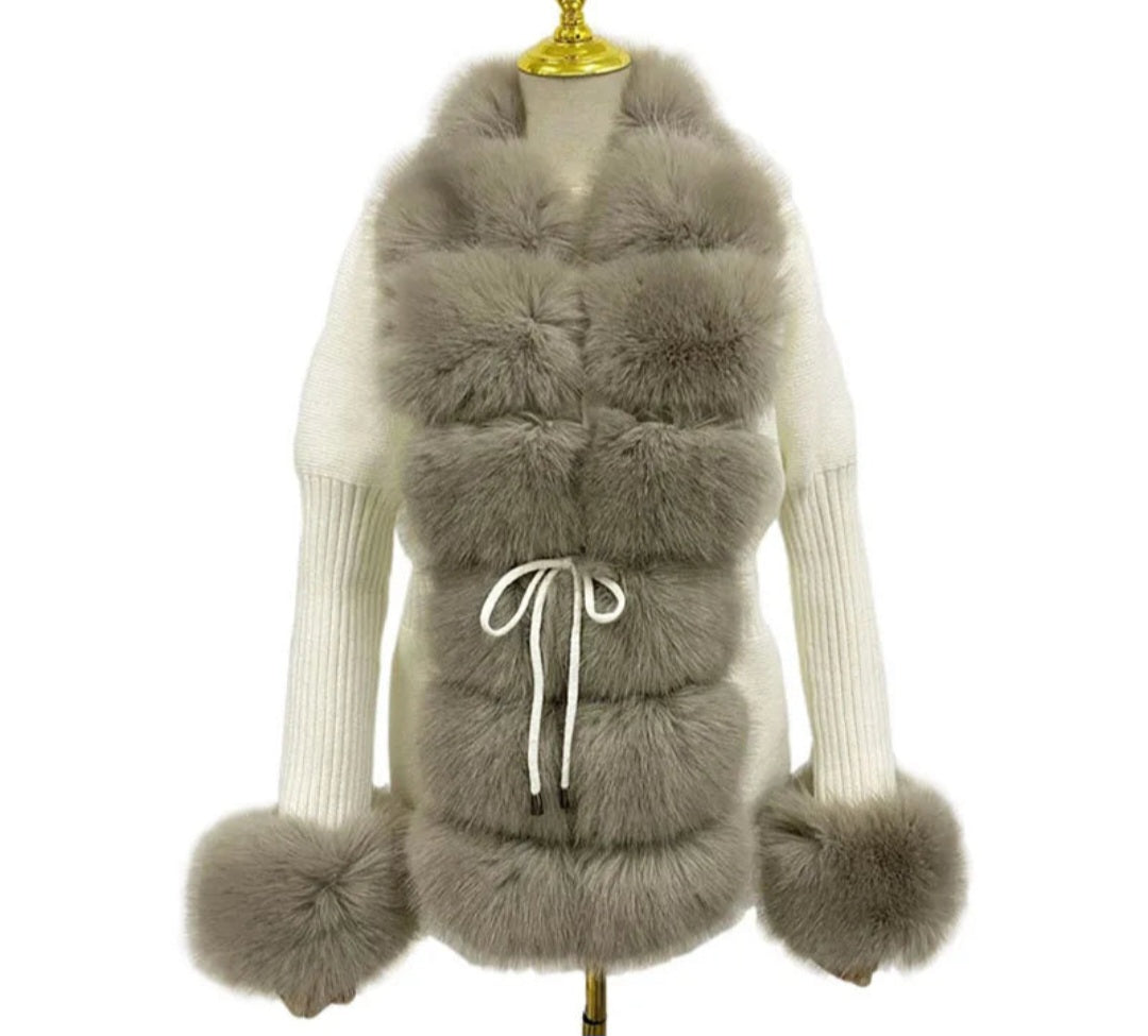 Faux Fur Ladies Knitted Detachable Collar Cardigan Sweater Jacket