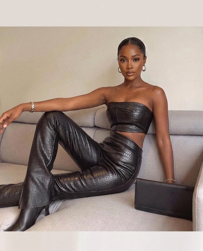 Black PU Leather Croc Pattern Embossed Crop Tube Top + Pants Women's 2-Piece Set