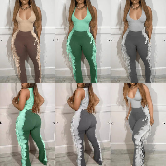 Side Tassel Fringe Design Sleeveless Women's V-Neck Skinny Jumpsuit