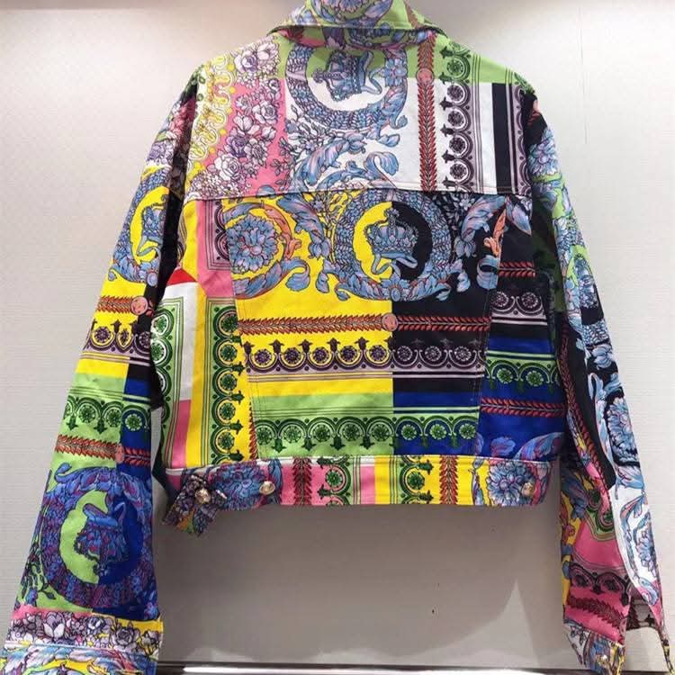 Denim Abstract Floral Baroque Print Women's Long Sleeve Turn-Down Collar Jean Jacket