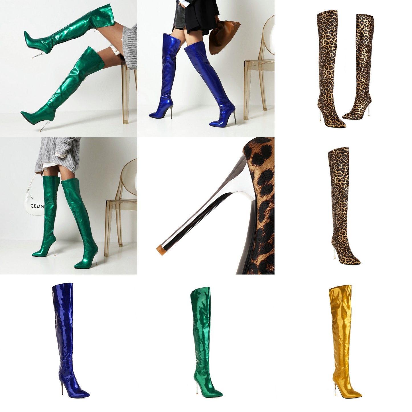 Solid/Leopard Women's Bright Leather Pointed Toe Metal Stiletto Heel Over-the-Knee Boots