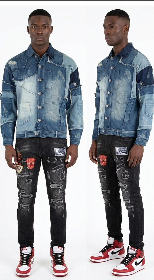 Men's Denim Patchwork Irregular Colorblock Gradient Ripped Fringe Stitch Turn-Down Collar Long Sleeve Multi-Pocketed Cargo Western Jean Jacket