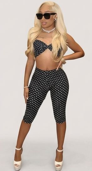 Polka Dot Print Women's Bikini Top + Skin Tight Capri Pants 2-Piece Set