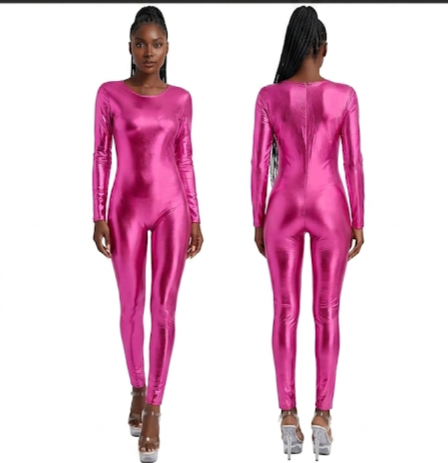 Metallic Shiny Faux Leather Solid Color Women Long Sleeve Dance Bodysuit Clubwear Long Sleeve Jumpsuit to 3X Plus Size