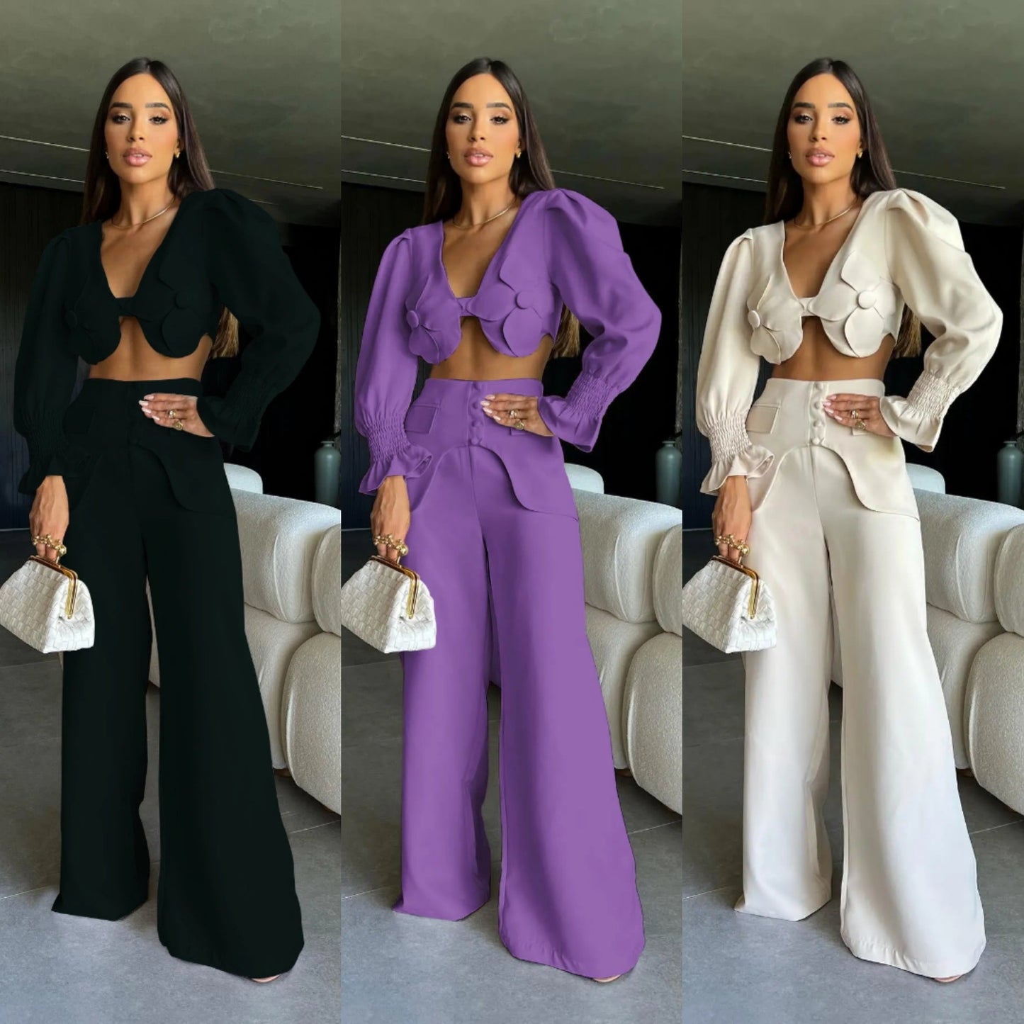 Flower Embroidered Backless High Street Cropped Backless Blazer + Wide Leg Pants Women's Suit or Hollow-Out Short Sleeve or Sleeveless Floral/Solid Jumpsuits
