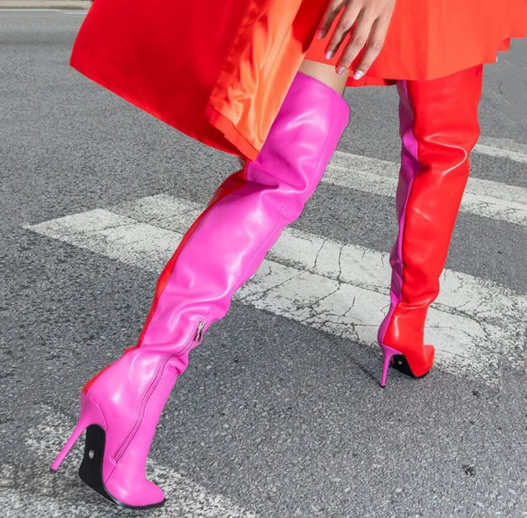 Colorblock 2-Tone Stiletto Heel Over-the-Knee Pointed Toe Side Zipper Boots