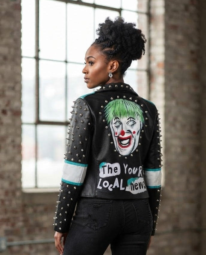 Rivet Stud Clown Print Hip-Hop Design PU Leather Women's Streetwear Biker Jacket to 3X Plus Size