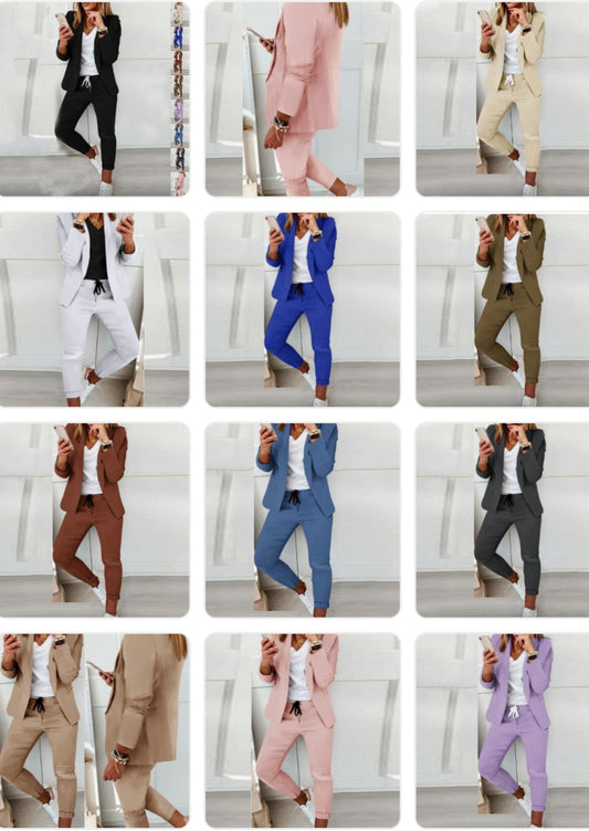 Single Breasted Solid Color Blazer Jacket + Drawstring Pants Women's 2-Piece Office Suit to 3X Plus Size